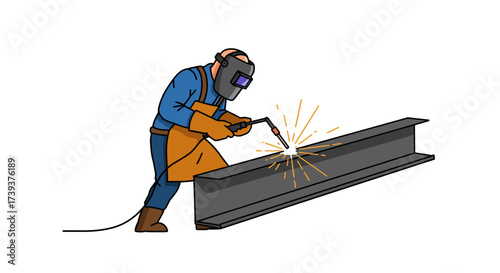 Cartoon welder welds gray Ibeam wearing mask gloves apron sparks fly
