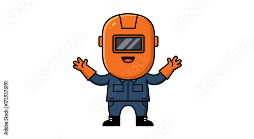 Cartoon welder mask gloves jumpsuit black boots wide stance friendly orange  blue