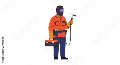 Welder holding a welding tool  toolbox equipped with safety gear and wearing work attire