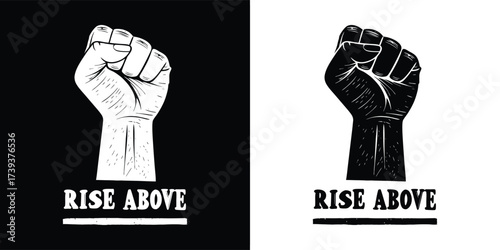 A clenched fist is raised upwards with the phrase rise above displayed beneath it, offered in contrasting black and white formats, representing overcoming adversity
