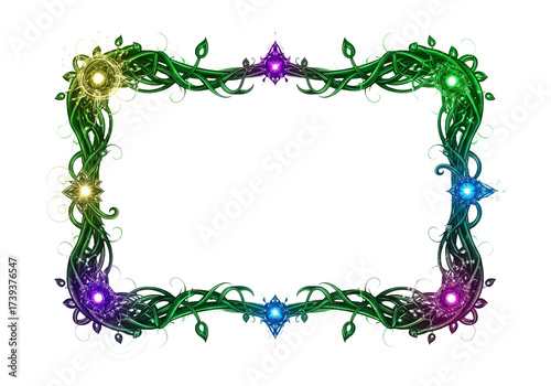 Enchanted glowing floral frame with mystical gems and swirling vines.