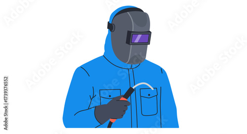 Welder in blue suit mask holding welding gun on white