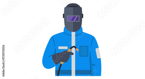 Welder in blue uniform  mask holding welding equipment