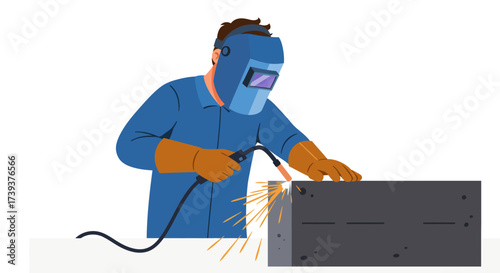 Welder in blue suit mask gloves welds dark block sparks fly