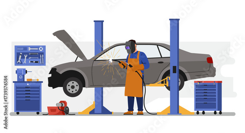 Welder in a shop repairs a car on a lift with tools nearby