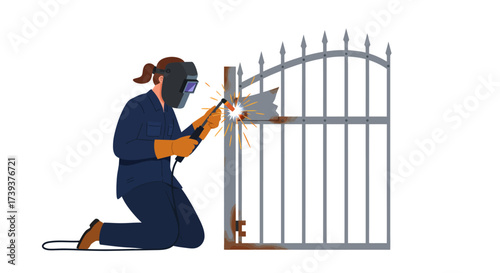 Welder in mask repairs iron gate sparks fly Brown hair in ponytail