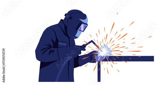 Welder in mask with sparks working on metal Tjoint