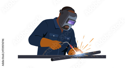 Welder in mask sparks metal work on bars protective gloves  blue work shirt