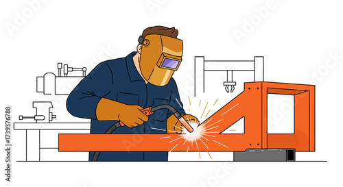 Welder in mask works on orange metal framework sparks flying Workshop setting