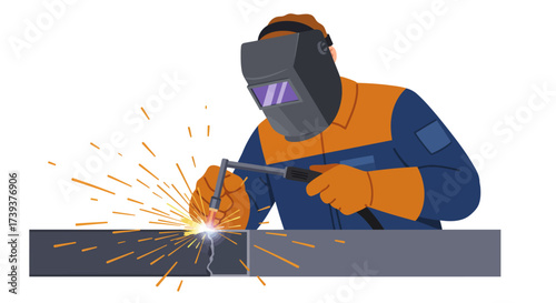 Welder in protective gear joins metal with sparks flying flat vector illustration
