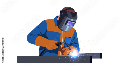 Welder in protective gear joins metal bars with sparks flying