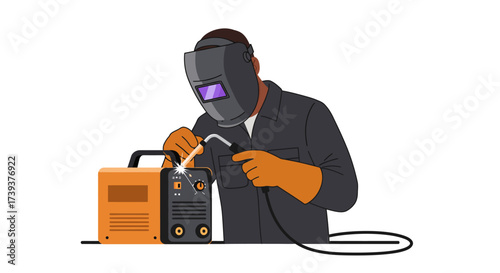 Welder in protective gear uses equipment