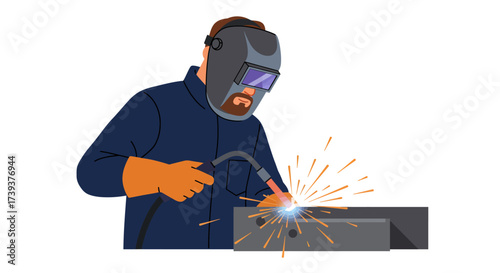 Welder in protective gear welds a metal piece sparks flying