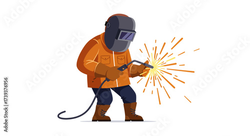 Welder in protective gear welding sparks flying