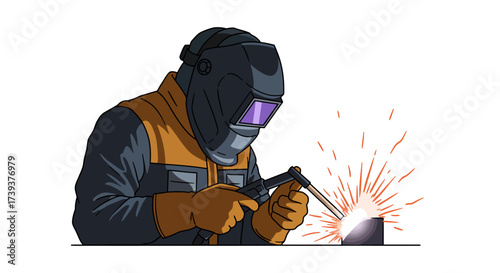 Welder in protective gear welds metal sparks flying