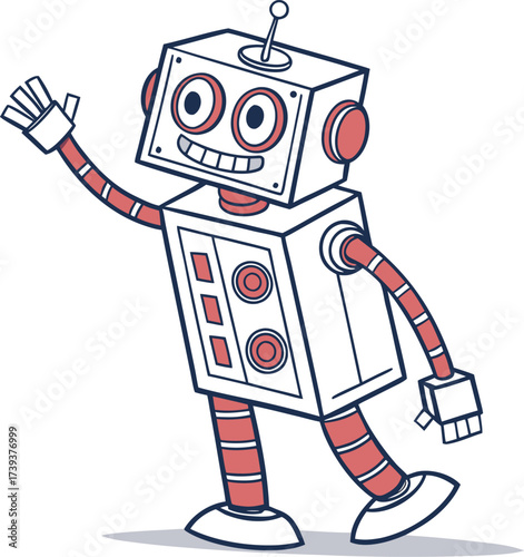 A fun, cute retro cartoon robot or android is a vintage toy character illustration with a tin metal look