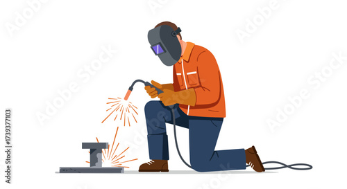 Welder kneels mask on wielding torch sparks fly on metal workpiece