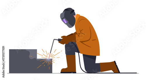 Welder kneeling wearing protective gear welds metal piece with sparks flying