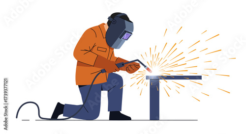 Welder kneels welding metal on a stand sparks fly clad in protective gear