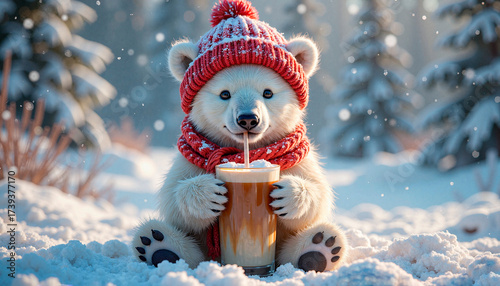 Cute polar bear cub creating a cozy mood, drinking a warm beverage in a snowy winter forest