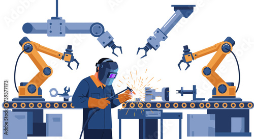 Welder masked amid robotic arms sparks fly Conveyor belt in a production factory setting