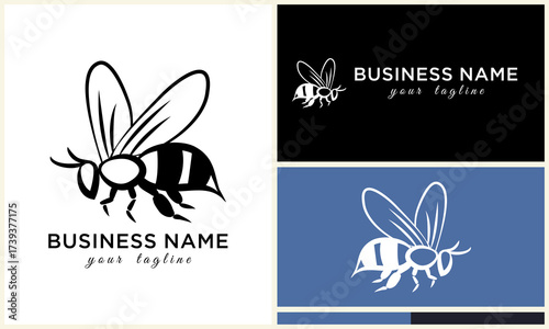 Bee logo set with white on black and blue.