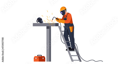 Welder on ladder welds metal helmet on table toolbox below Sparks fly