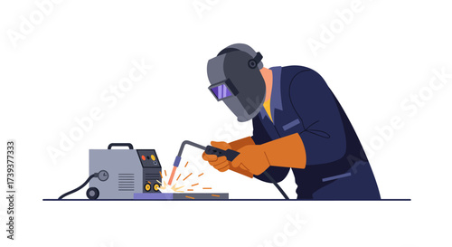 Welder wearing a mask and gloves welding