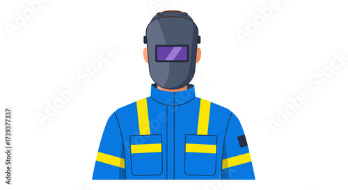 Welder wearing a protective helmet and blue uniform with yellow stripes