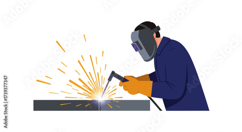 Welder wearing a mask and gloves working on metal with sparks flying