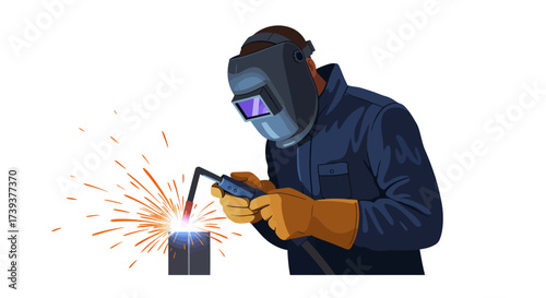 Welder wearing a mask and gloves welds a block of metal with orange sparks flying
