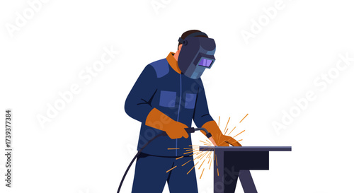 Welder wearing protective gear welding sparks flying table