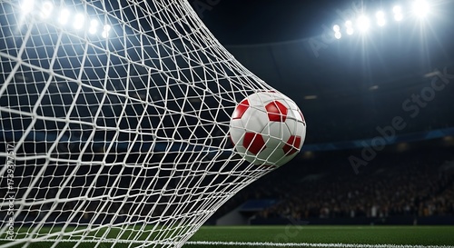 Experience the thrill of victory with a soccer ball hitting the back of the net in a stadium filled with cheering fans under bright stadium lights