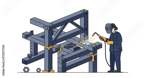 Welder with a mask welds metal with a welding gun creating sparks on a metallic structure