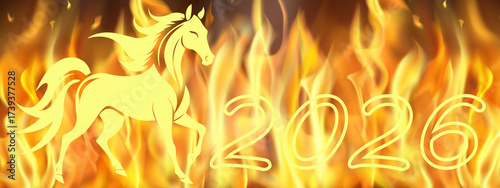 Fiery horse symbol 2026 and fiery numbers on a background of flame fire.Close-up, long