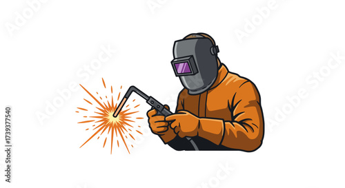 Welder with mask  gear welding sparks visible