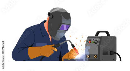 Welder with a protective mask working with a welding machine and sparks