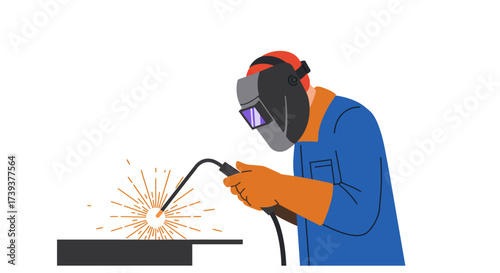 Welder with mask gloves and blue uniform welding metal with sparks flying