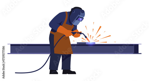 Welder with protective gear welds metal beam sparks flying
