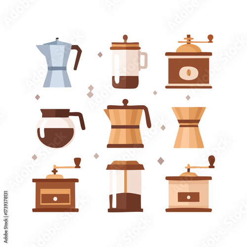 Vintage coffee grinder and cups set with kitchen utensils isolated on white background