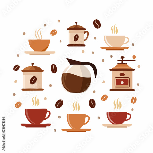 Coffee cup set vector illustration with steaming mugs and coffee icons