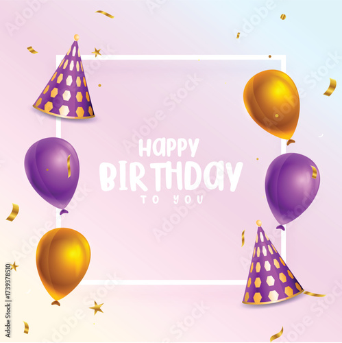 realistic balloon and hat with happy birthday text background design