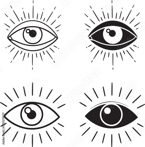 Four hand drawn eye symbols with rays of light emanating outward