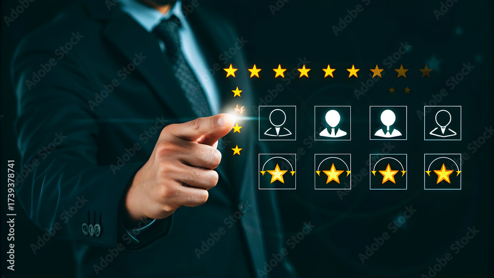 © Saniya Digital - Business man touching virtual screen to rate satisfaction customer service evaluation concept five star symbol to increase confidence best excellent services rating © Saniya Digital - Business man touching virtual screen to rate satisfaction customer service evaluation concept five star symbol to increase confidence best excellent services rating
