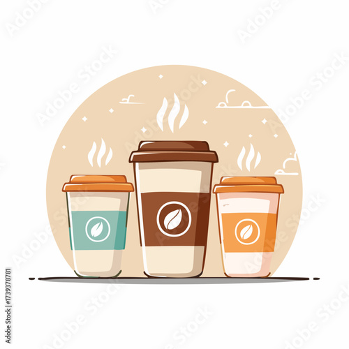 Coffee cup icon vector illustration with disposable white lid and brown cardboard sleeve isolated on white background