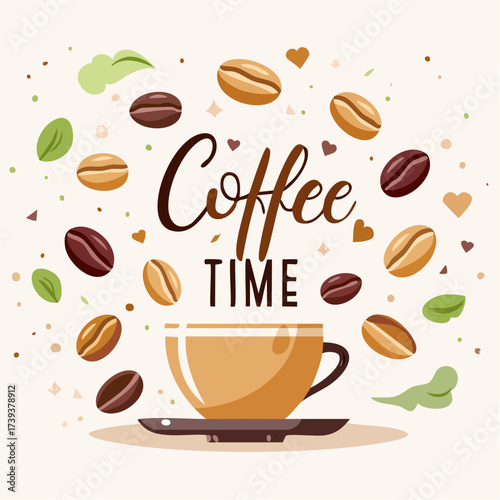 Minimal Flat Vector, Vintage Coffee Cup with Beans and Steam Illustration
