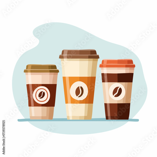 Coffee cup icon vector illustration with disposable white lid and brown cardboard sleeve isolated on white background