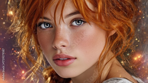 Young woman with fiery red hair and bright blue eyes, surrounded by a shimmering cosmic background, gazes directly at the viewer with a calm expression