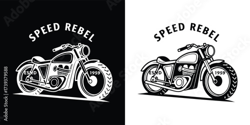 Stylized illustration of a classic motorcycle with speed rebel text, shown in both dark and light versions for diverse design needs