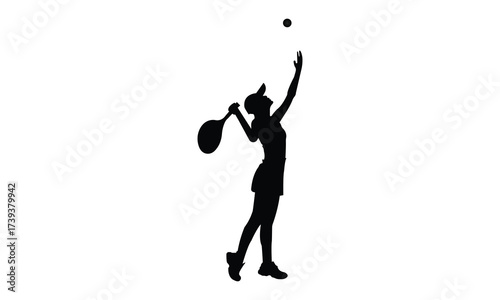 Black silhouette of a female tennis player serving the ball with racket, isolated on white background. Perfect for sports design and vector illustration